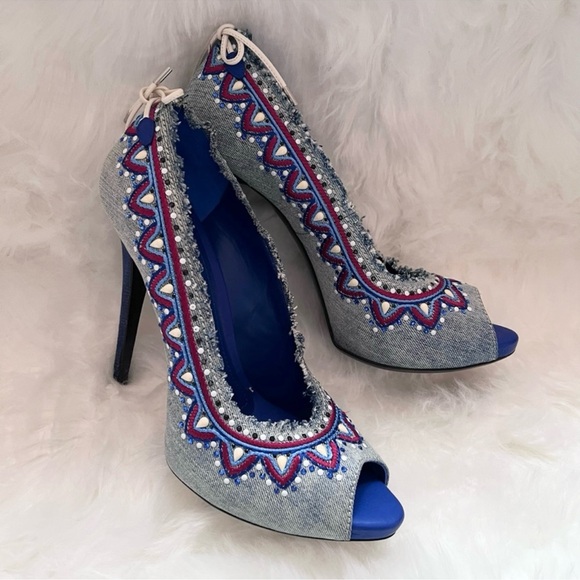 New! Rare GIANMARCO LORENZI Rhinestone Bead Embellished Embroidered Denim Heels - Picture 7 of 12